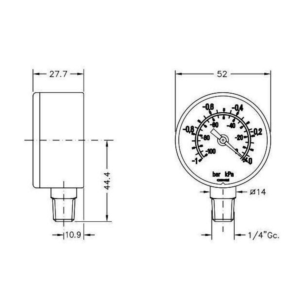 Манометр CEWAL d50 1/4"-1 бар (-76 cm.Hg.) вертикальный