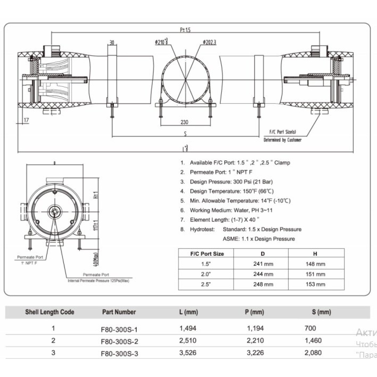 Корпус мембрани 8040 скловолокно 300 psi FRP8040-2W