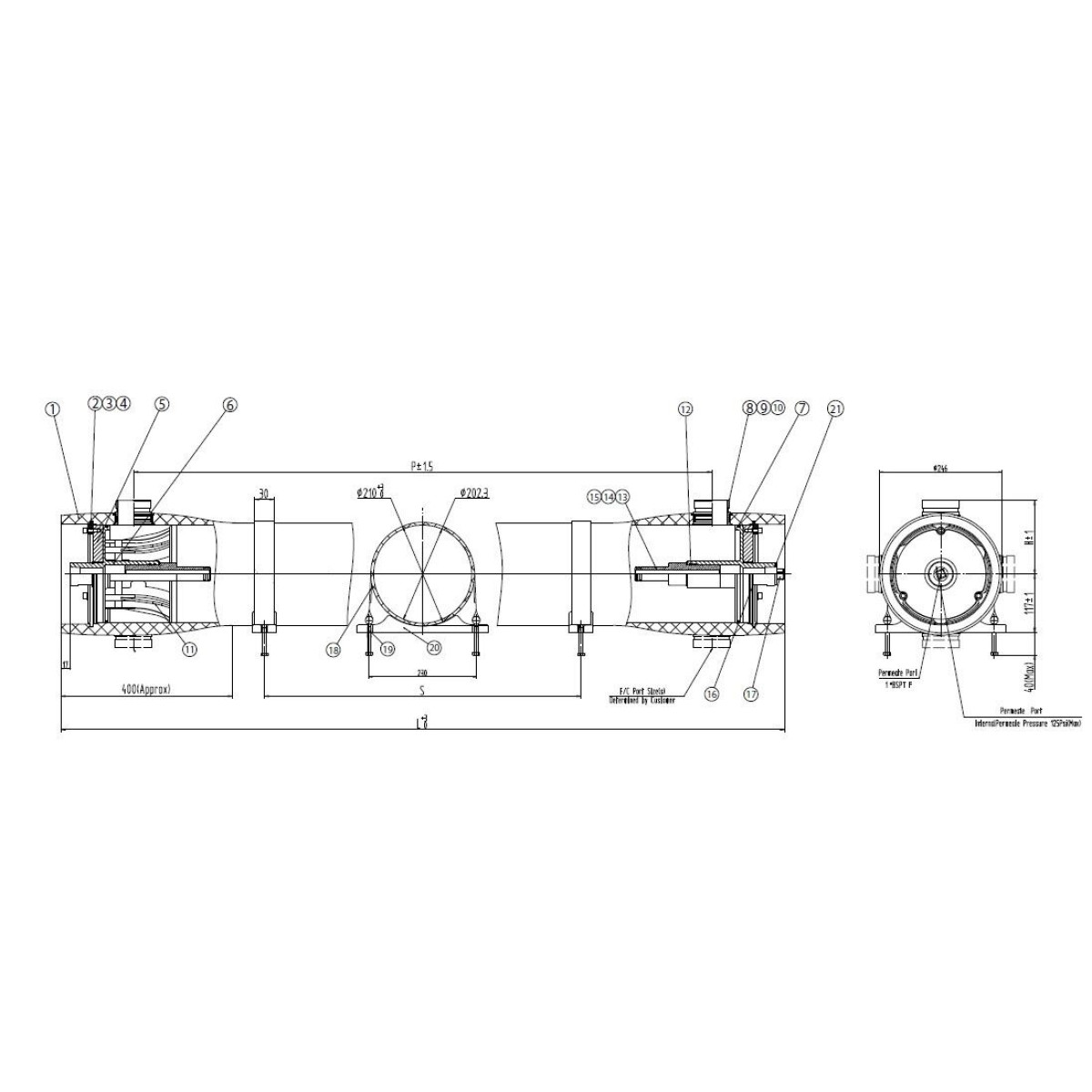 Корпус мембрани 8040 скловолокно 300 psi FRP8040-2W