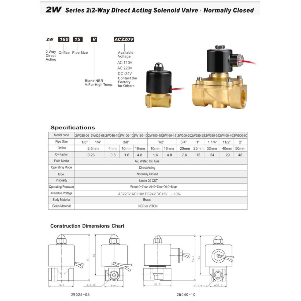 Нормально закрытый клапан прямого действия 3/8 Sanlixin 2W100-10C EPDM DC24v 0-7 bar