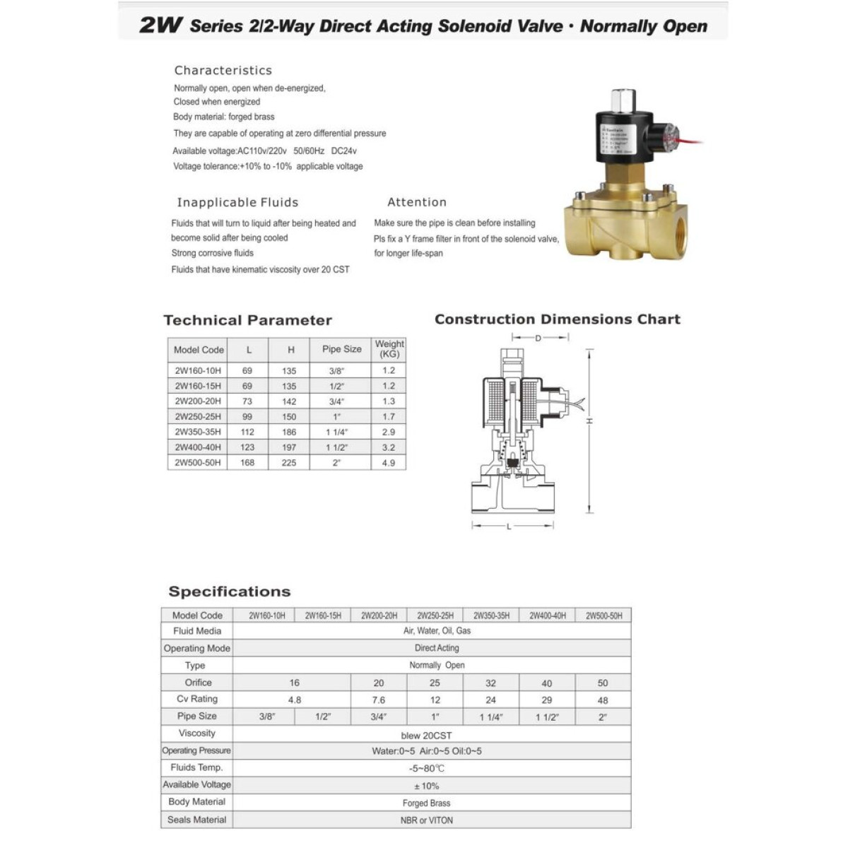 Соленоїдний клапан відкритий 1 1/4 прямої дії Sanlixin 2W-350-35H EPDM AC220V 0-5 bar