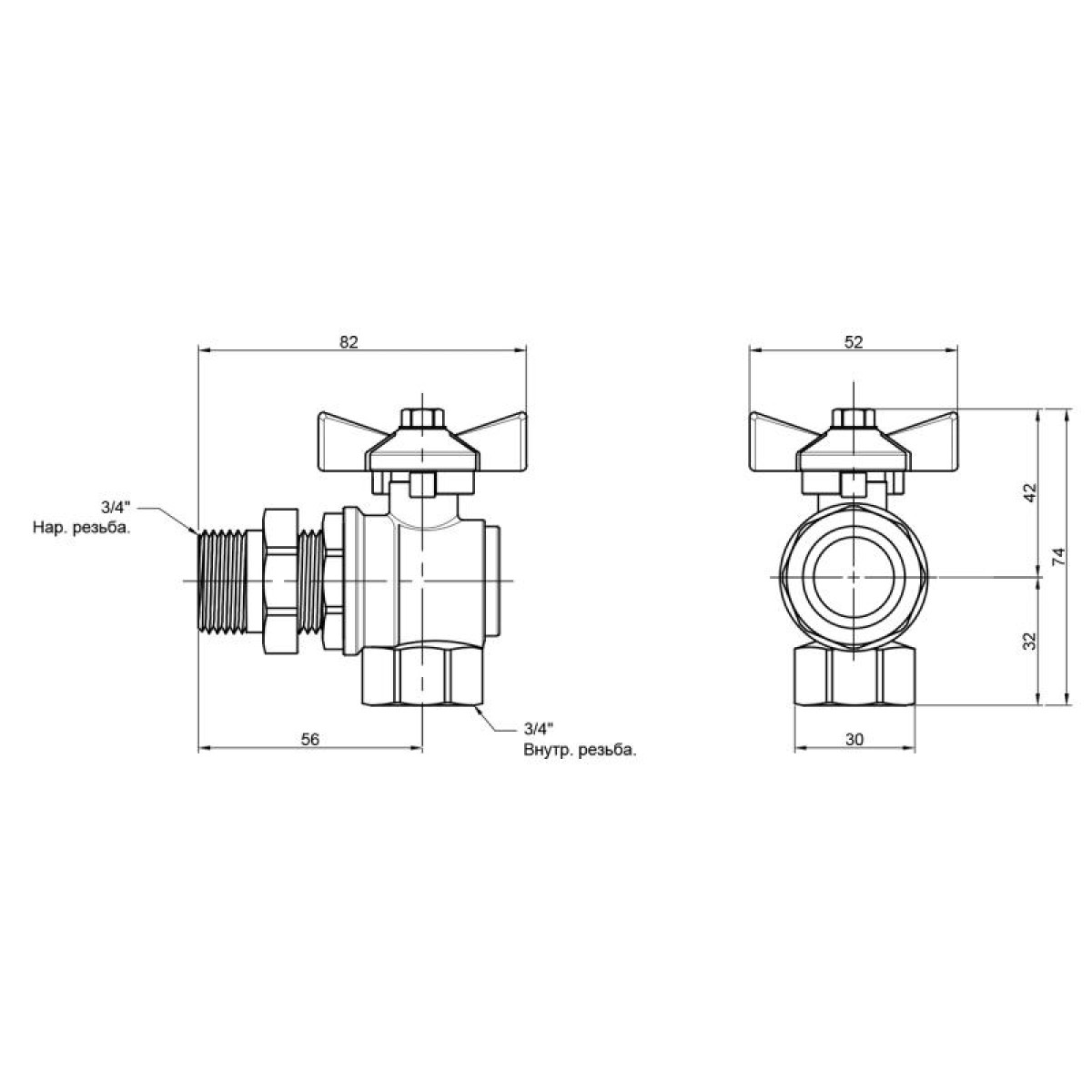 Кран угловой с американкой Thermo Alliance Standart 3/4"ВН "бабочка" SD222W20