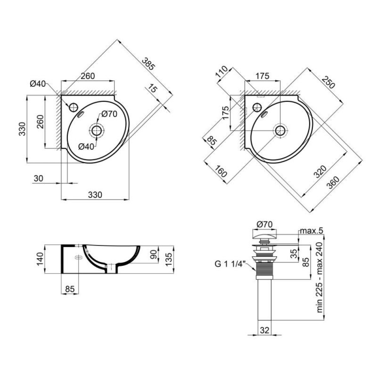 Комплект Qtap Leo N: Раковина подвесная угловая овальная 380x360x130 мм WHITE + Донный клапан PU02O