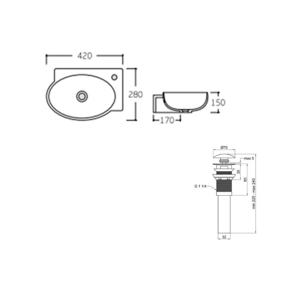 Комплект Qtap Leo: Раковина подвесная овальная правая 430x290x140 мм White + Донный клапан PU02O