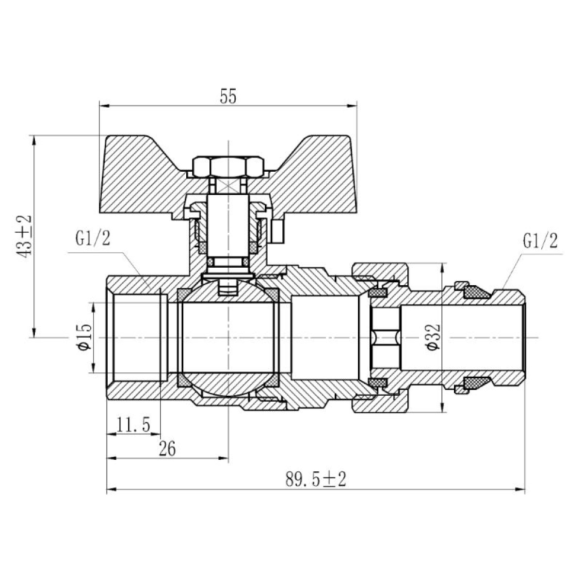 Кран шаровой "Американка" Thermo Alliance Forte c антипротечкой прямой 1/2"ВН "бабочка" SF222W15