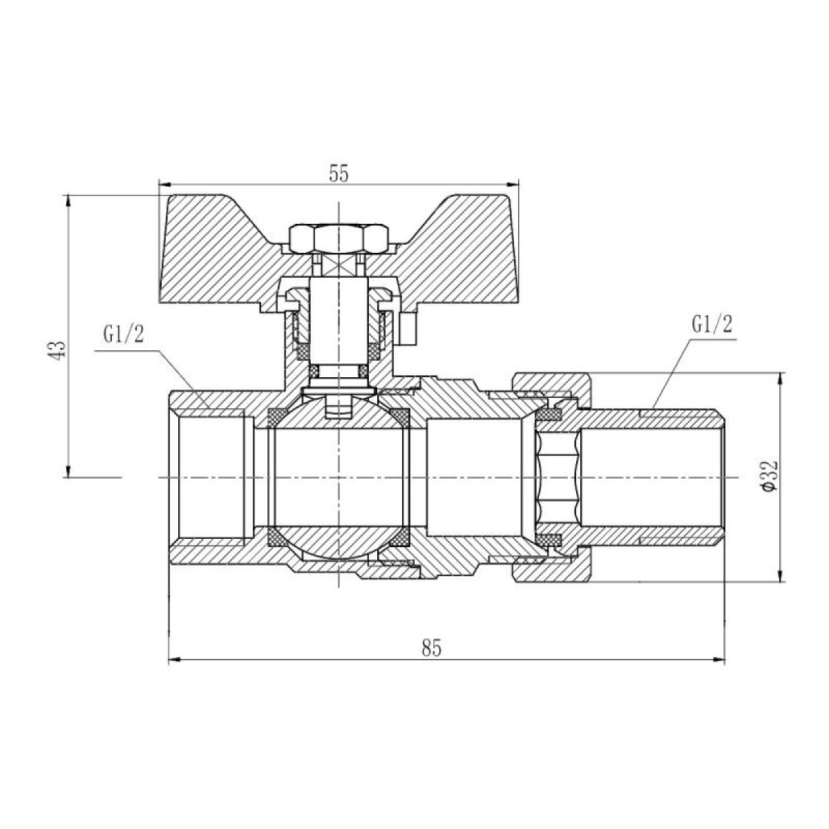 Кран шаровой "Американка" Thermo Alliance Forte прямой 1/2"ВН "бабочка" SF220W15